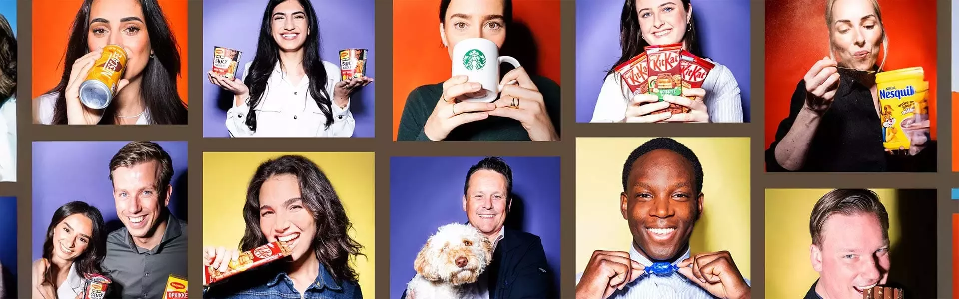 A colorful collage of diverse individuals posed with various snacks and drinks